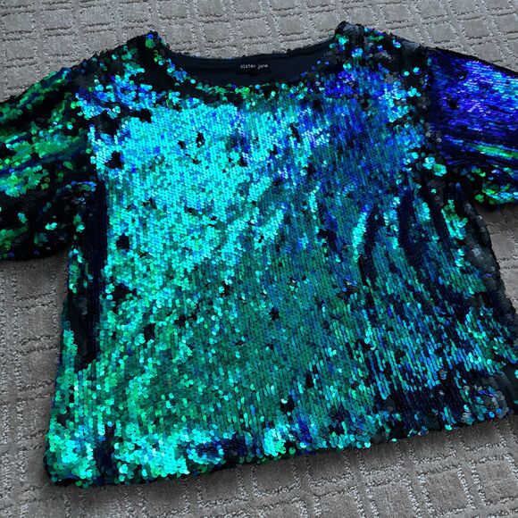 Sister Jane Sequin Boxy Crop Top Women's Medium Green Black Mermaid Concert - Picture 3 of 9
